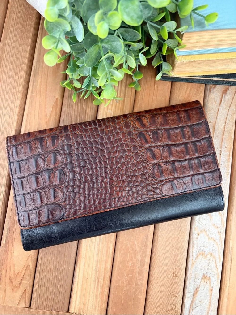 BRAHMIN Croc-Embossed Black and Brown Leather Trifold Wallet